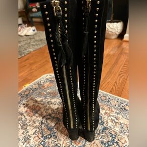 Black Knee-High Boots with Gold Studs